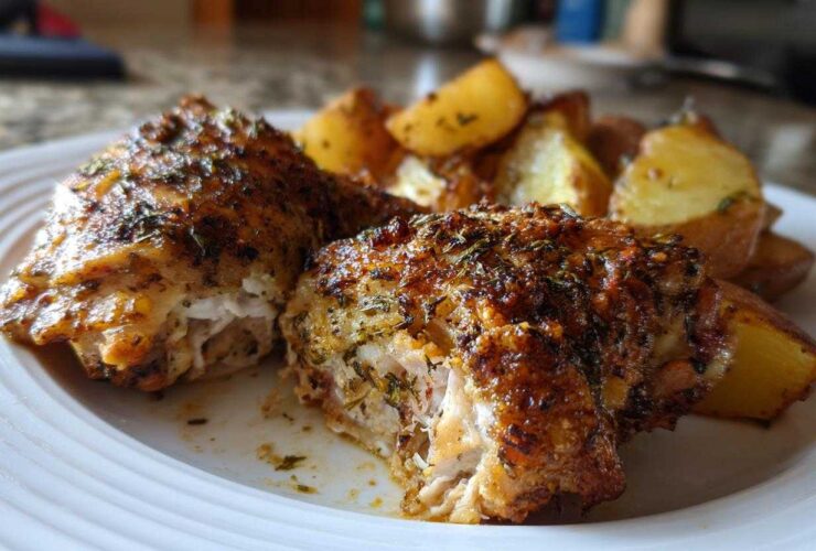 Close-up of sliced Sheet Pan Garlic Parmesan Chicken Drumsticks with roasted potatoes on a white plate.