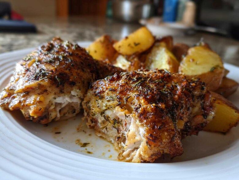 Close-up of sliced Sheet Pan Garlic Parmesan Chicken Drumsticks with roasted potatoes on a white plate.