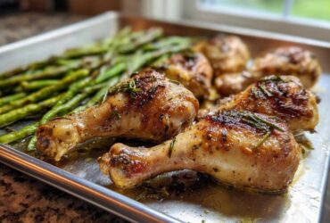Close-up of golden brown Sheet Pan Lemon Garlic Butter Chicken Legs with herbs on a baking sheet next to roasted asparagus.