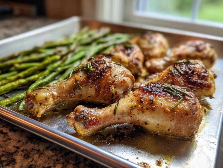 Close-up of golden brown Sheet Pan Lemon Garlic Butter Chicken Legs with herbs on a baking sheet next to roasted asparagus.