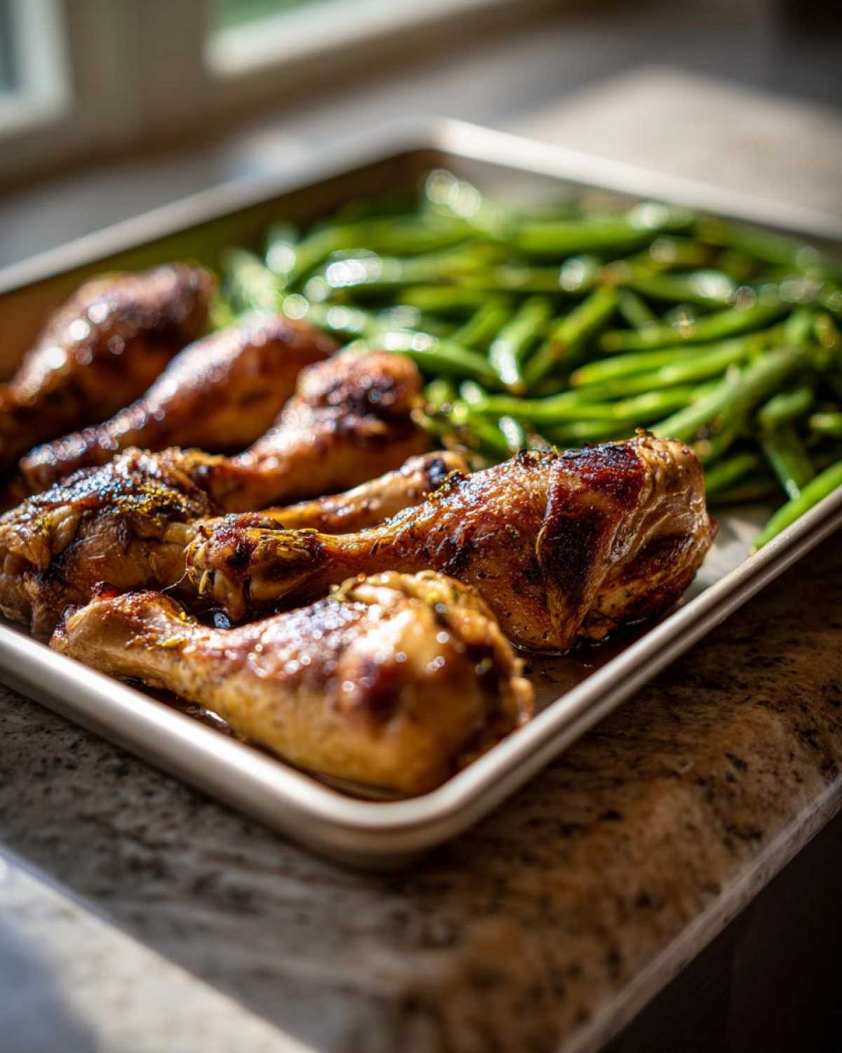 Close-up of juicy Sheet Pan Lemon Garlic Butter Chicken Legs roasted next to bright green beans on a baking sheet.
