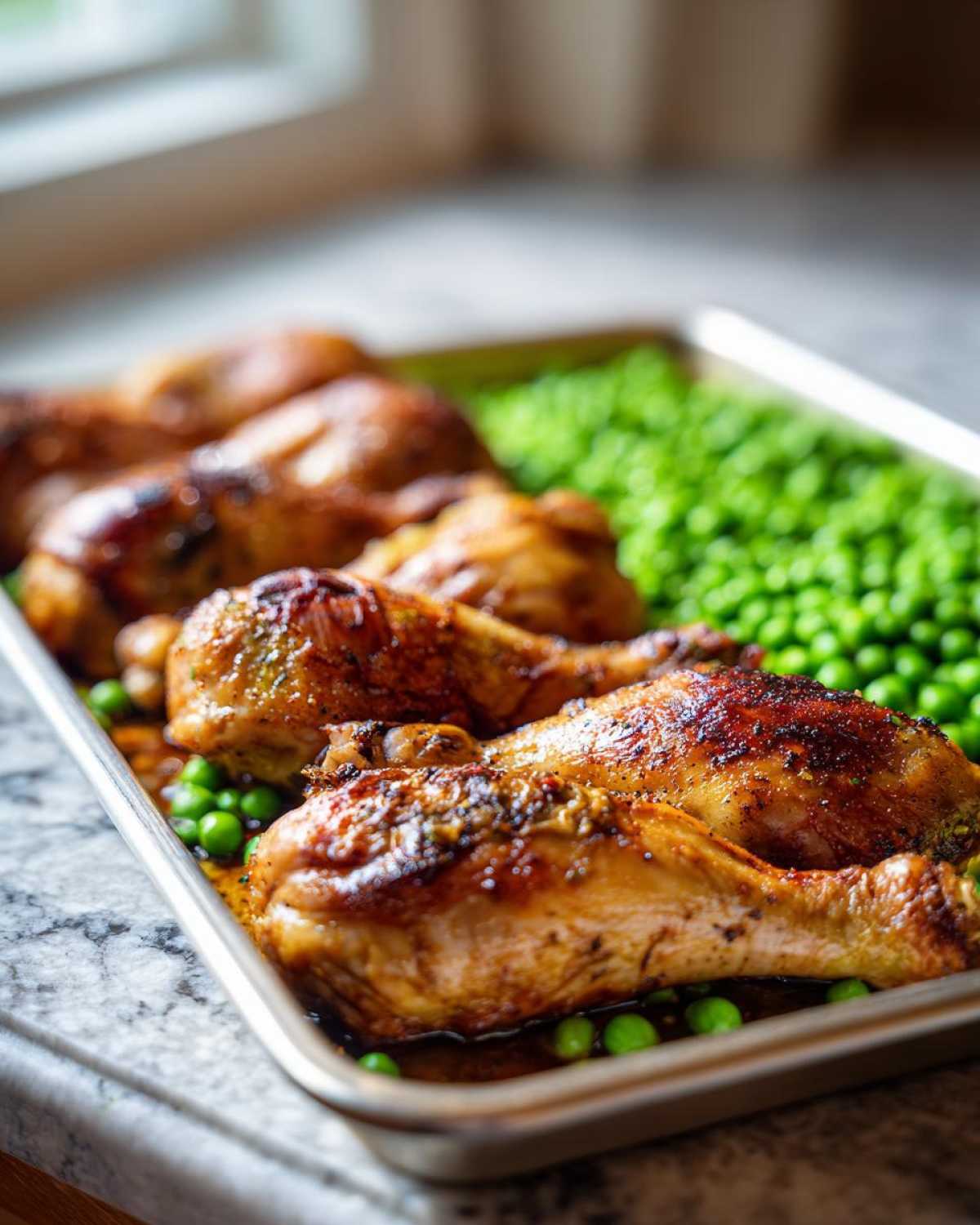 Close-up of roasted Sheet Pan Lemon Garlic Butter Chicken Legs with Peas on a baking sheet.