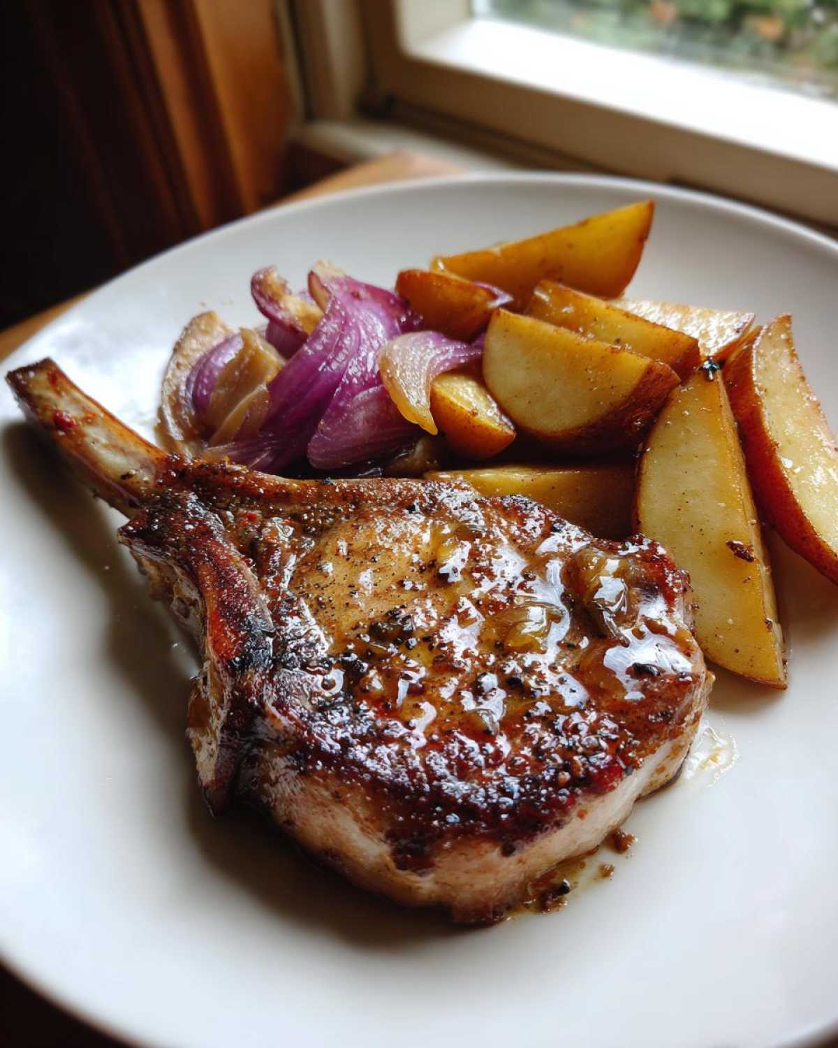 Close-up of a glazed Sheet Pan Maple Dijon Pork Chop served with roasted apple wedges and red onion.