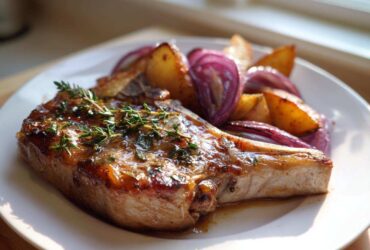 A perfectly cooked Sheet Pan Maple Dijon Pork Chop glazed and topped with fresh thyme, served with roasted red onions and potatoes.
