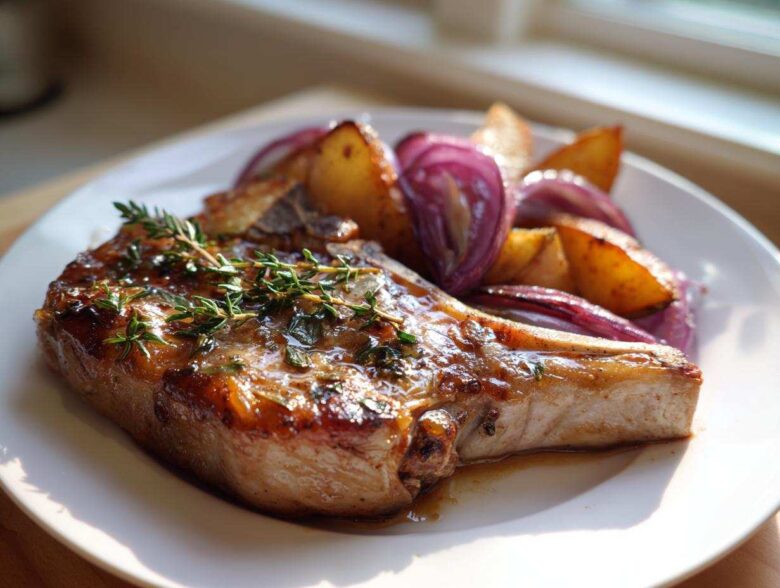 A perfectly cooked Sheet Pan Maple Dijon Pork Chop glazed and topped with fresh thyme, served with roasted red onions and potatoes.