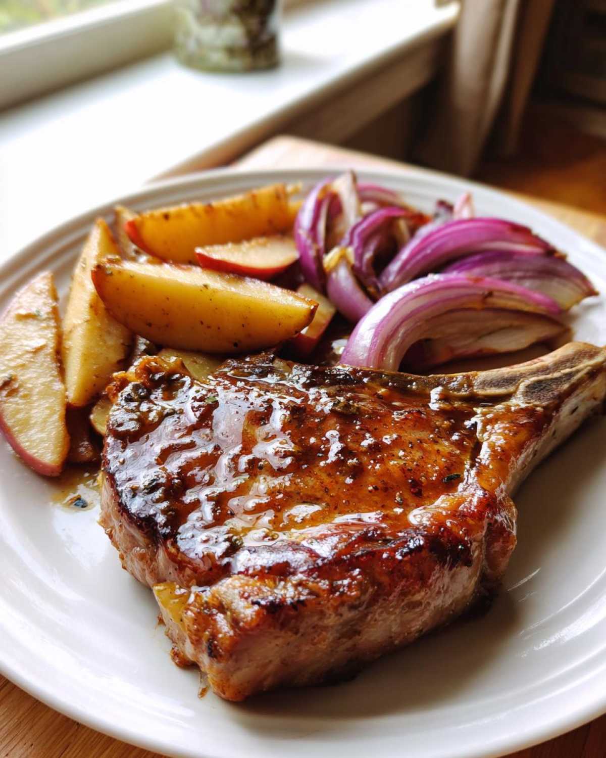 Close-up of a glazed pork chop served with roasted apple slices and red onion wedges from Sheet Pan Maple Dijon Pork Chops.