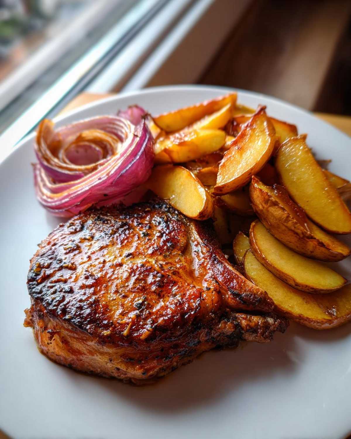 Close-up of a glazed pork chop served with roasted potato wedges and a slice of red onion.