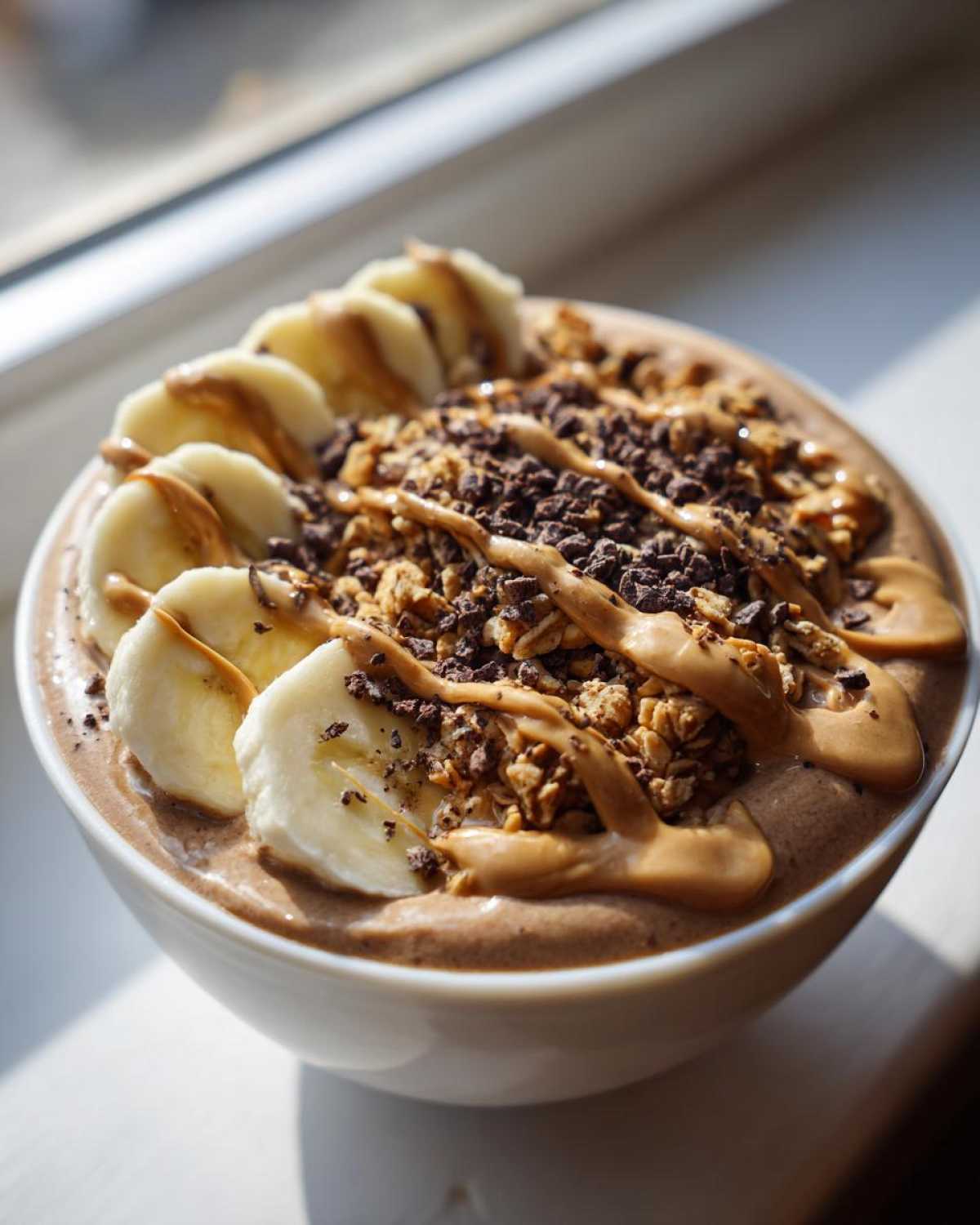 Close-up of a thick Vegan Chocolate Peanut Butter Banana Smoothie Bowl topped with banana slices, granola, and peanut butter drizzle.
