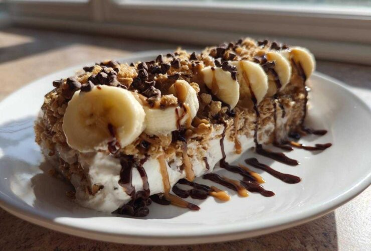 Thick Vegan Chocolate Peanut Butter Banana Smoothie Bowl topped with banana slices, granola, and chocolate drizzle.