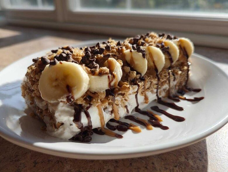 Thick Vegan Chocolate Peanut Butter Banana Smoothie Bowl topped with banana slices, granola, and chocolate drizzle.