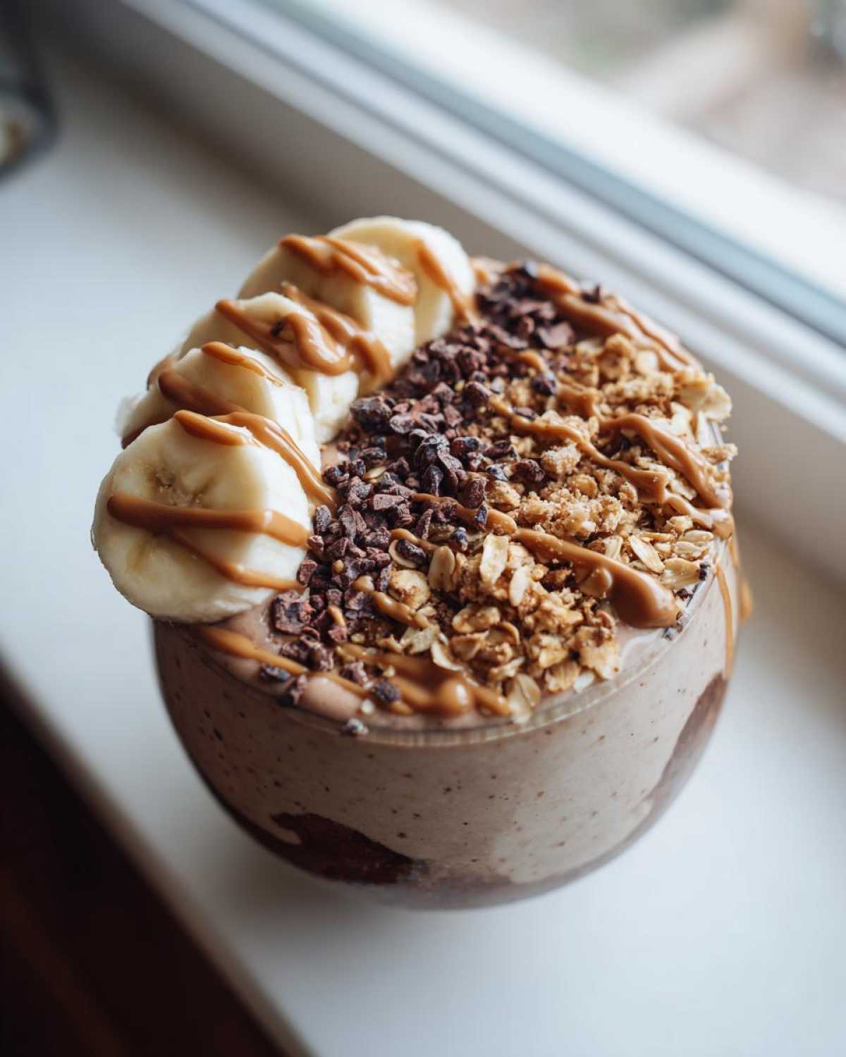 A thick Vegan Chocolate Peanut Butter Banana Smoothie Bowl topped with sliced bananas, granola, cacao nibs, and peanut butter drizzle.