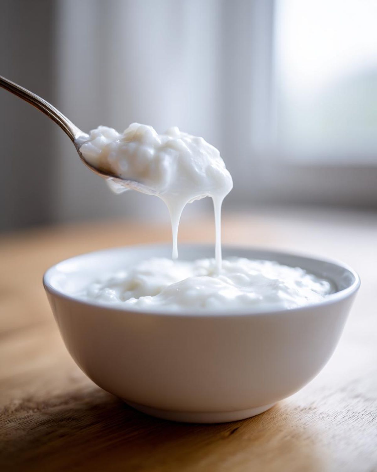 A spoonful of thick, creamy Vegan Creamy Coconut Rice Pudding dripping back into a white bowl.