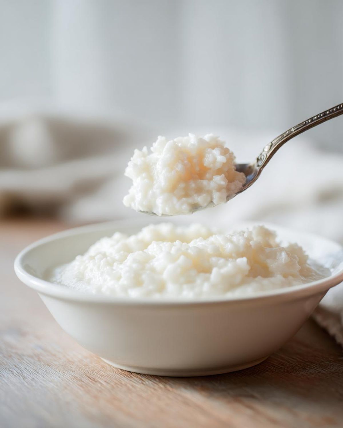 A spoonful of creamy Vegan Creamy Coconut Rice Pudding being lifted from a white bowl on a wooden surface.