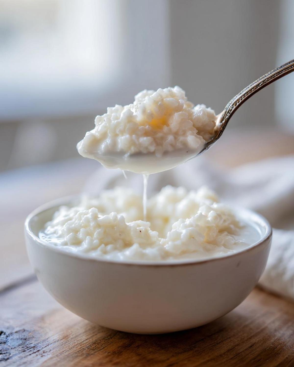 A spoonful of thick Vegan Creamy Coconut Rice Pudding being lifted from a white bowl, showing its creamy texture.