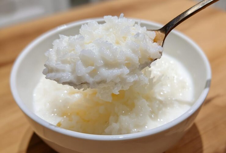 A spoonful of thick, creamy Vegan Creamy Coconut Rice Pudding being lifted from a white bowl.