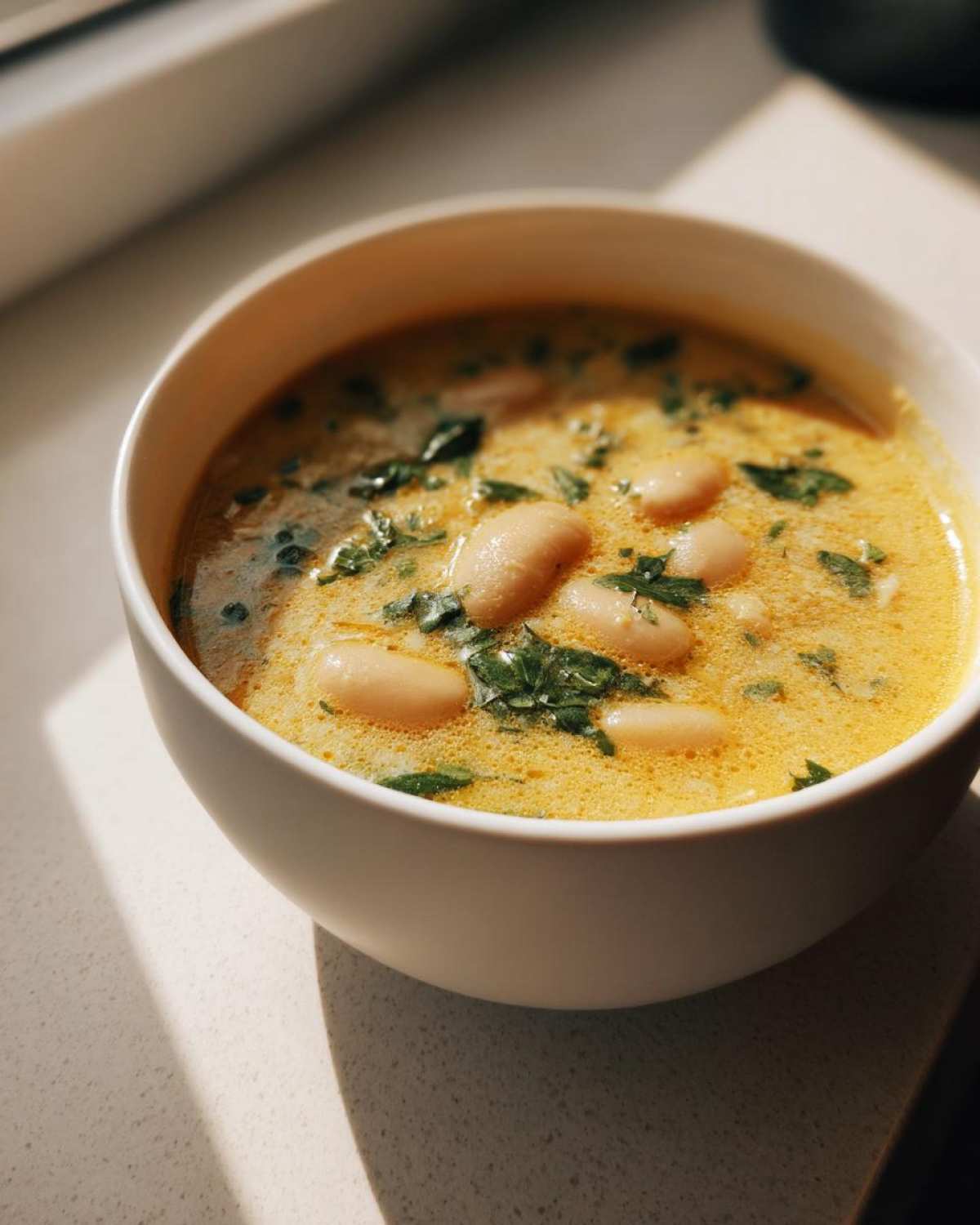 Close-up of a white bowl filled with Vegan Creamy Lemon Garlic White Bean Soup, topped with white beans and fresh parsley.