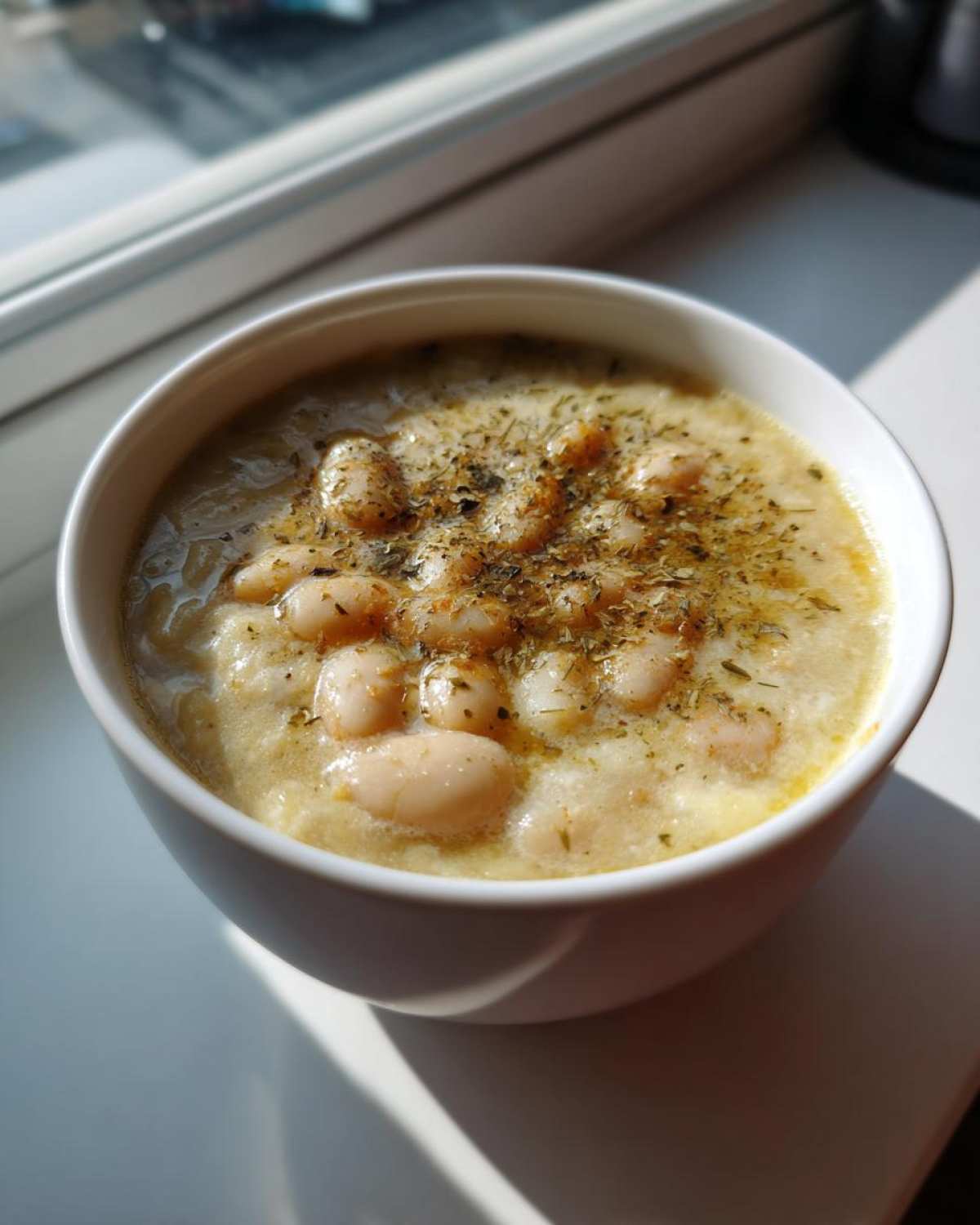 Close-up of a bowl of Vegan Creamy Lemon Garlic White Bean Soup topped with herbs.