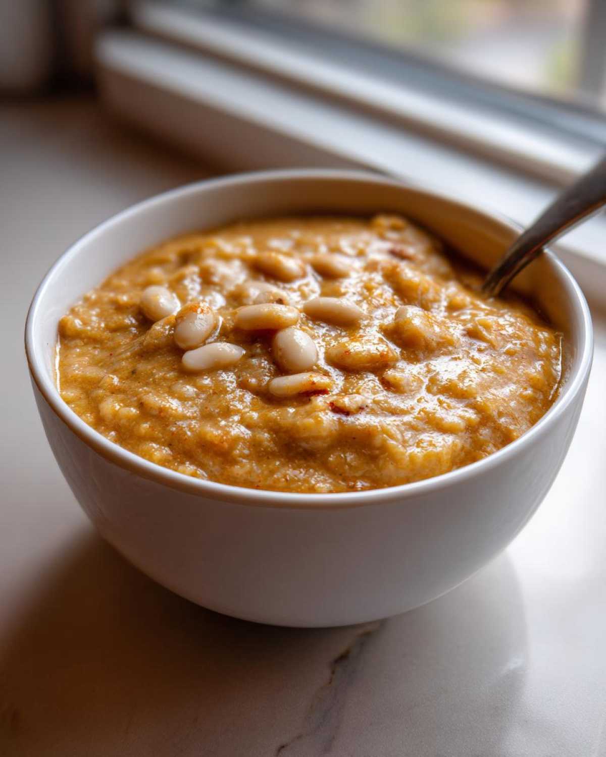 A thick, orange-hued Vegan Creamy Lemon Garlic White Bean Soup topped with whole white beans, served in a white bowl.