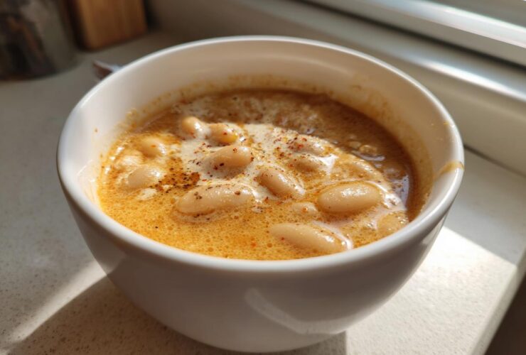 Close-up of a white bowl filled with Vegan Creamy Lemon Garlic White Bean Soup, topped with spices.