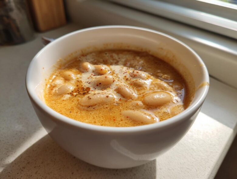 Close-up of a white bowl filled with Vegan Creamy Lemon Garlic White Bean Soup, topped with spices.