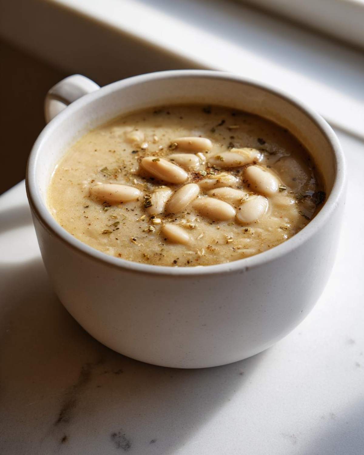 A close-up of Vegan Creamy Lemon Garlic White Bean Soup topped with whole white beans and herbs in a white mug.
