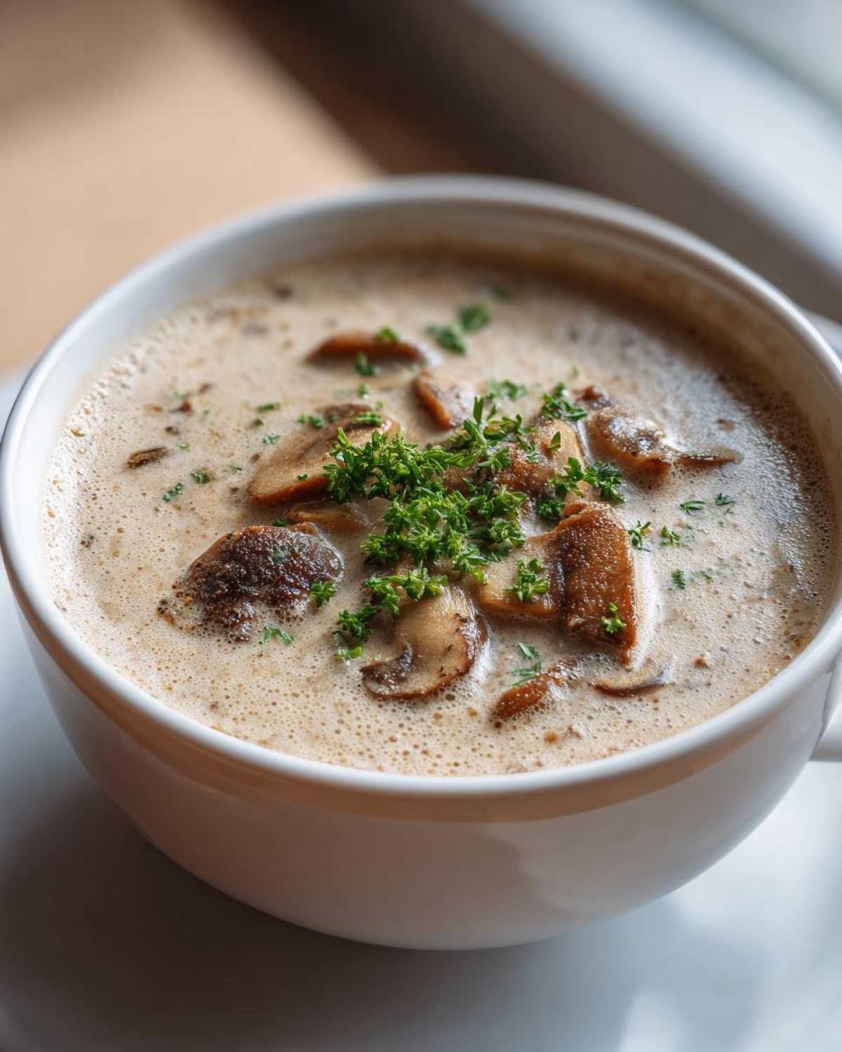 Close-up of a white bowl filled with Vegan Creamy Mushroom Soup with Thyme, garnished with fresh parsley.