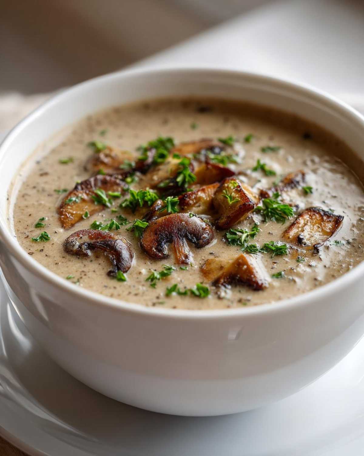 Close-up of a white bowl filled with Vegan Creamy Mushroom Soup with Thyme, topped with sautéed mushrooms and fresh parsley.