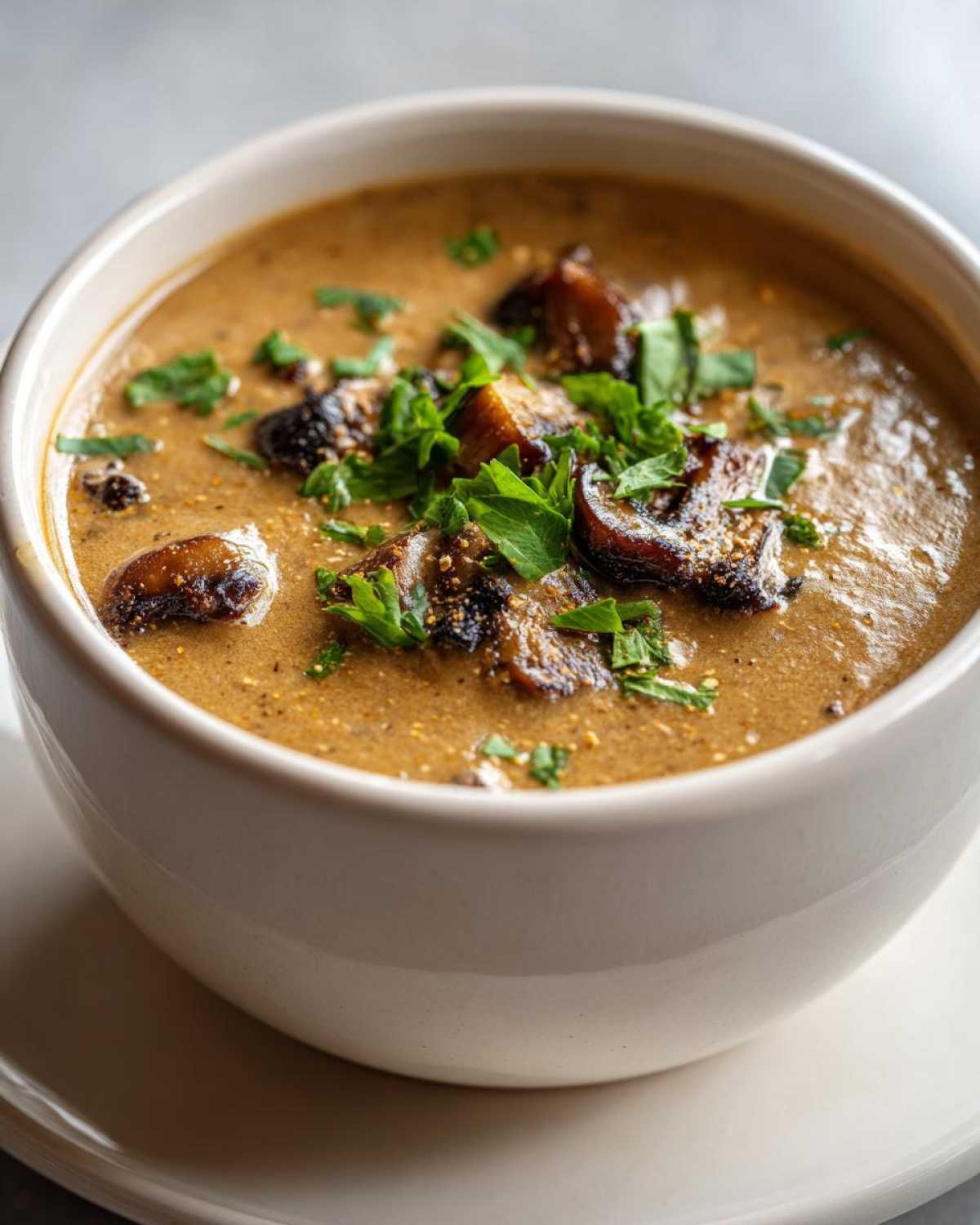 Close-up of a white bowl filled with Vegan Creamy Mushroom Soup with Thyme, topped with roasted mushrooms.