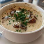A close-up of a white bowl filled with rich Vegan Creamy Mushroom Soup with Thyme, topped with fresh parsley.