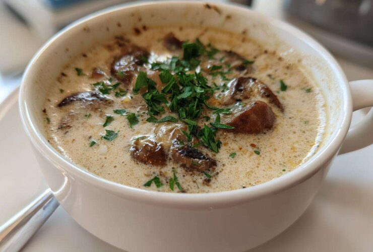 A close-up of a white bowl filled with rich Vegan Creamy Mushroom Soup with Thyme, topped with fresh parsley.