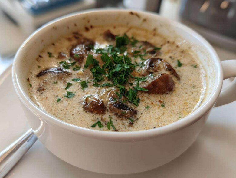 A close-up of a white bowl filled with rich Vegan Creamy Mushroom Soup with Thyme, topped with fresh parsley.