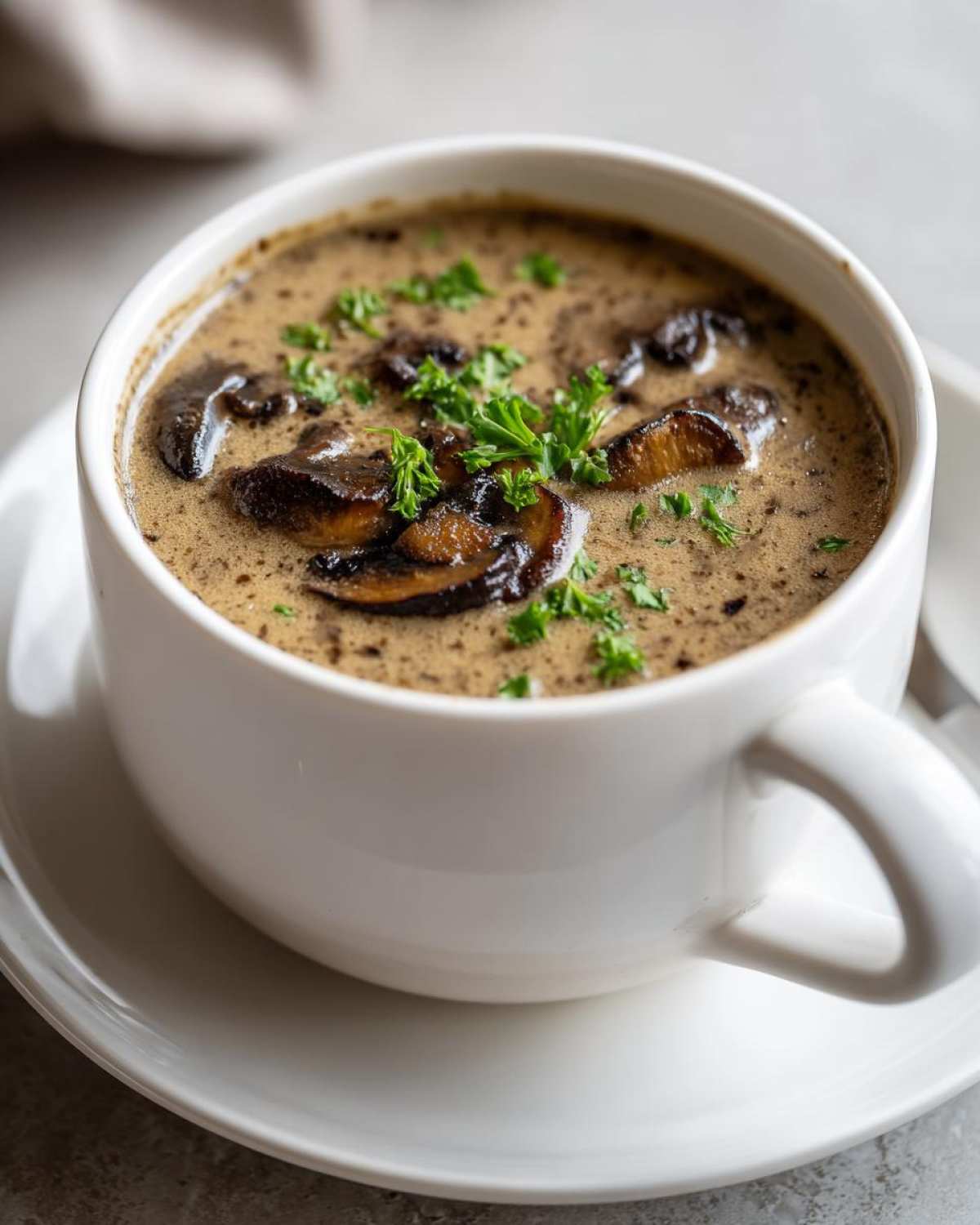 A close-up of a white mug filled with Vegan Creamy Mushroom Soup with Thyme, garnished with sautéed mushrooms and parsley.