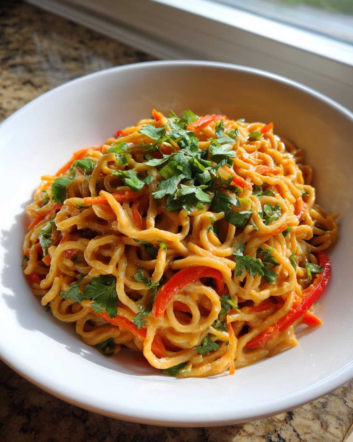 A close-up of Vegan Creamy Peanut Noodle Salad tossed in a white bowl, topped with fresh cilantro.