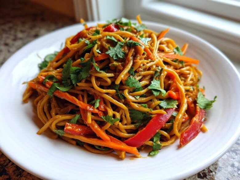 A close-up of Vegan Creamy Peanut Noodle Salad tossed with julienned carrots, red peppers, and fresh cilantro.