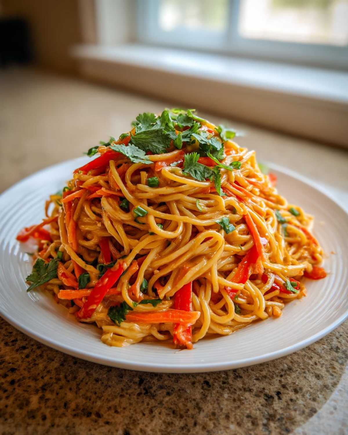 A mound of Vegan Creamy Peanut Noodle Salad tossed in sauce, topped with fresh cilantro.