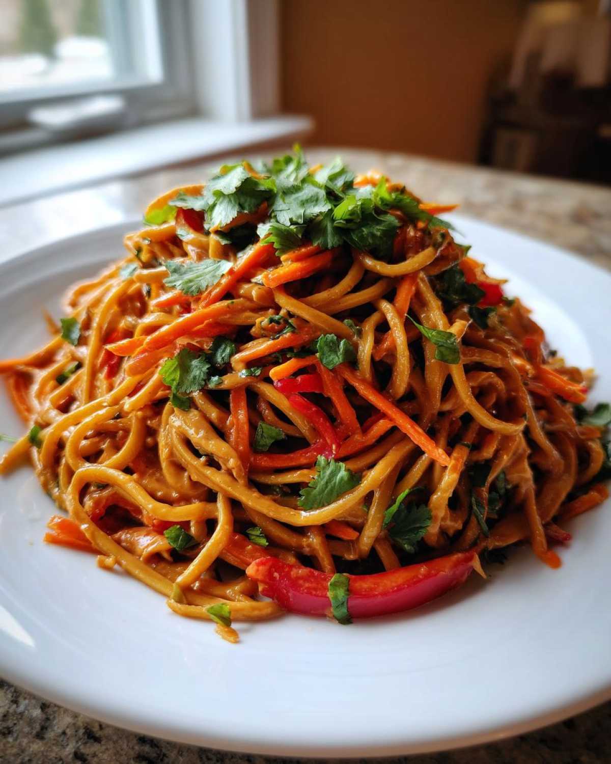 A mound of Vegan Creamy Peanut Noodle Salad tossed with julienned carrots and red peppers, topped with fresh cilantro.