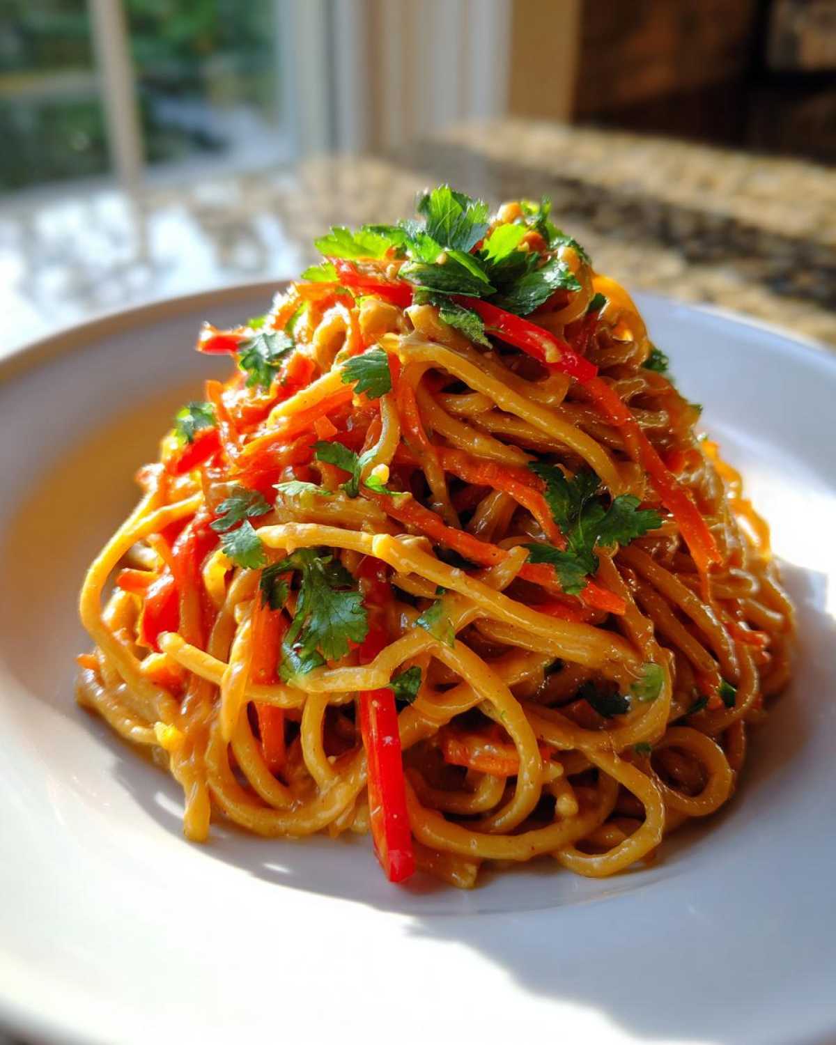 A mound of Vegan Creamy Peanut Noodle Salad tossed with julienned carrots and red peppers, topped with fresh cilantro.