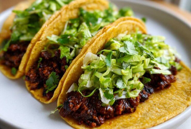 Close-up of three Vegan Easy Black Bean Tacos filled with dark seasoned filling and topped with bright green cilantro lime slaw.