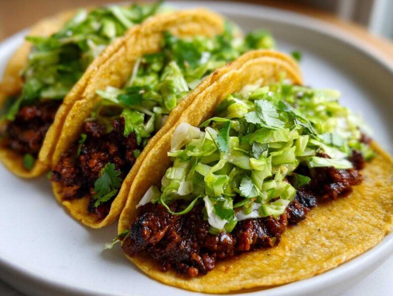Close-up of three Vegan Easy Black Bean Tacos filled with dark seasoned filling and topped with bright green cilantro lime slaw.