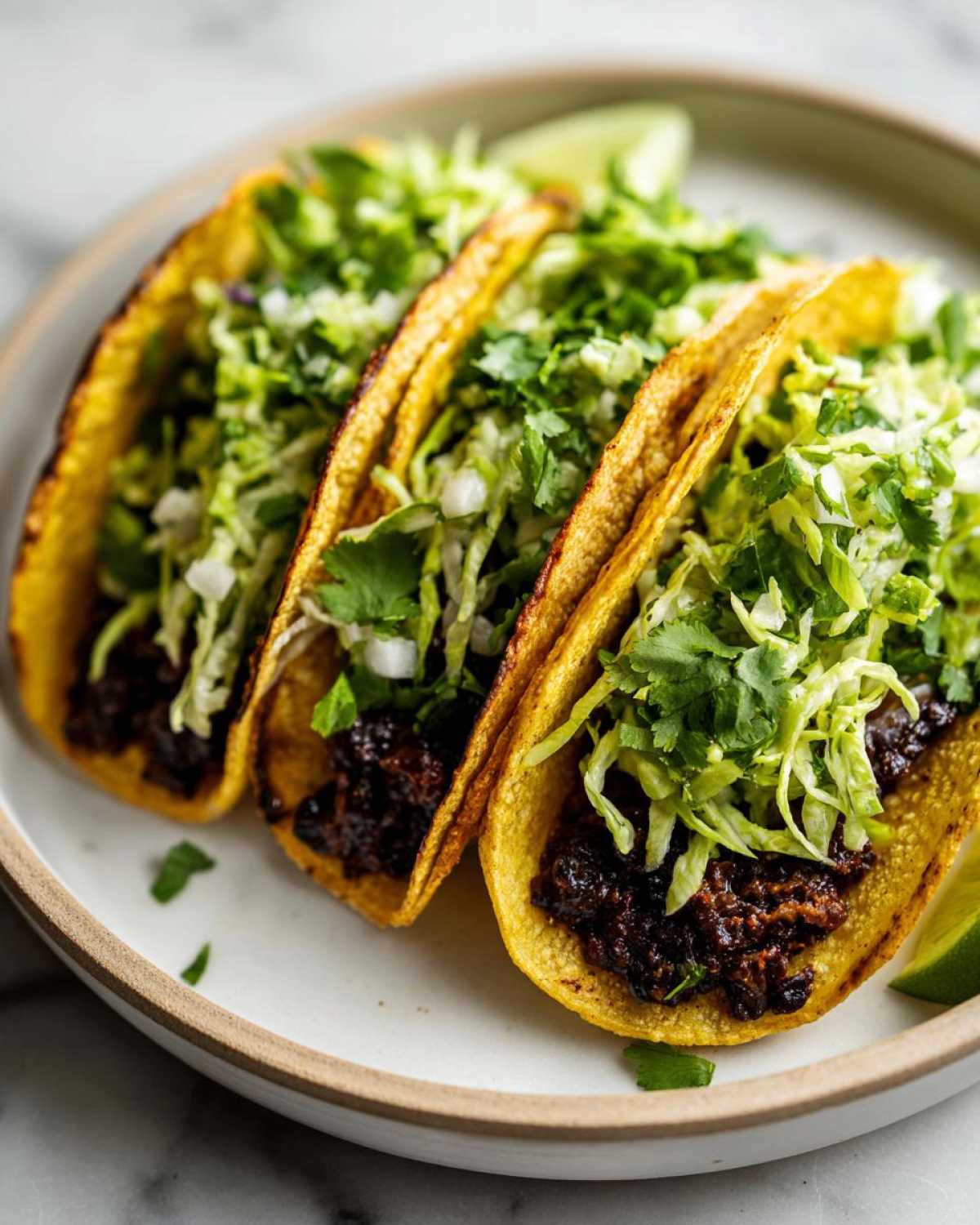 Close-up of three crispy tacos filled with black bean mixture and topped with cilantro lime slaw.