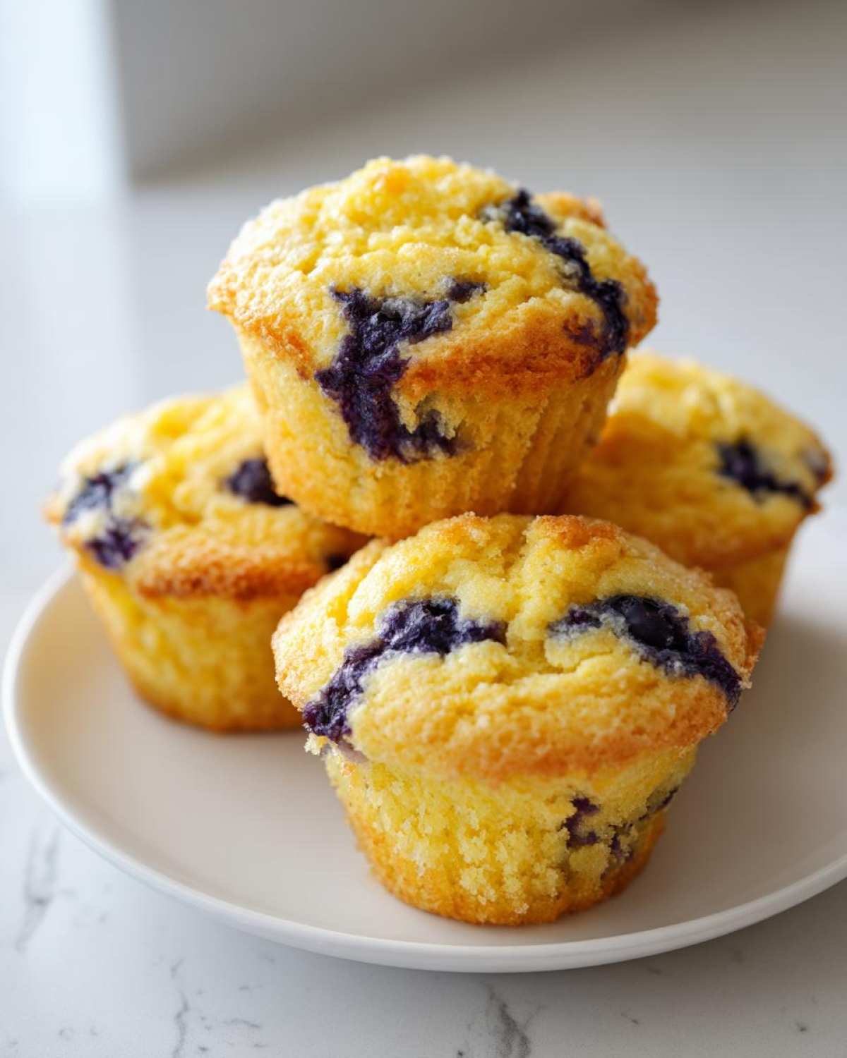 Close-up of four golden Vegan Lemon Blueberry Muffins stacked on a white plate.