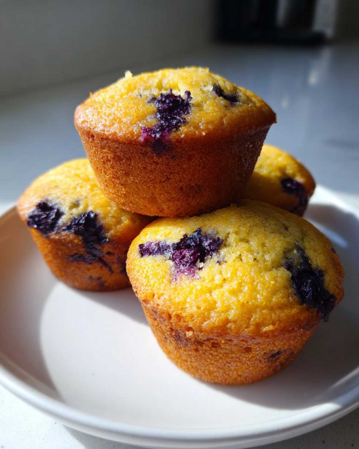 Close-up of four golden Vegan Lemon Blueberry Muffins stacked slightly on a white plate in bright sunlight.