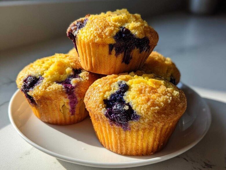 A stack of four golden Vegan Lemon Blueberry Muffins with visible blueberries and sugar topping on a white plate.