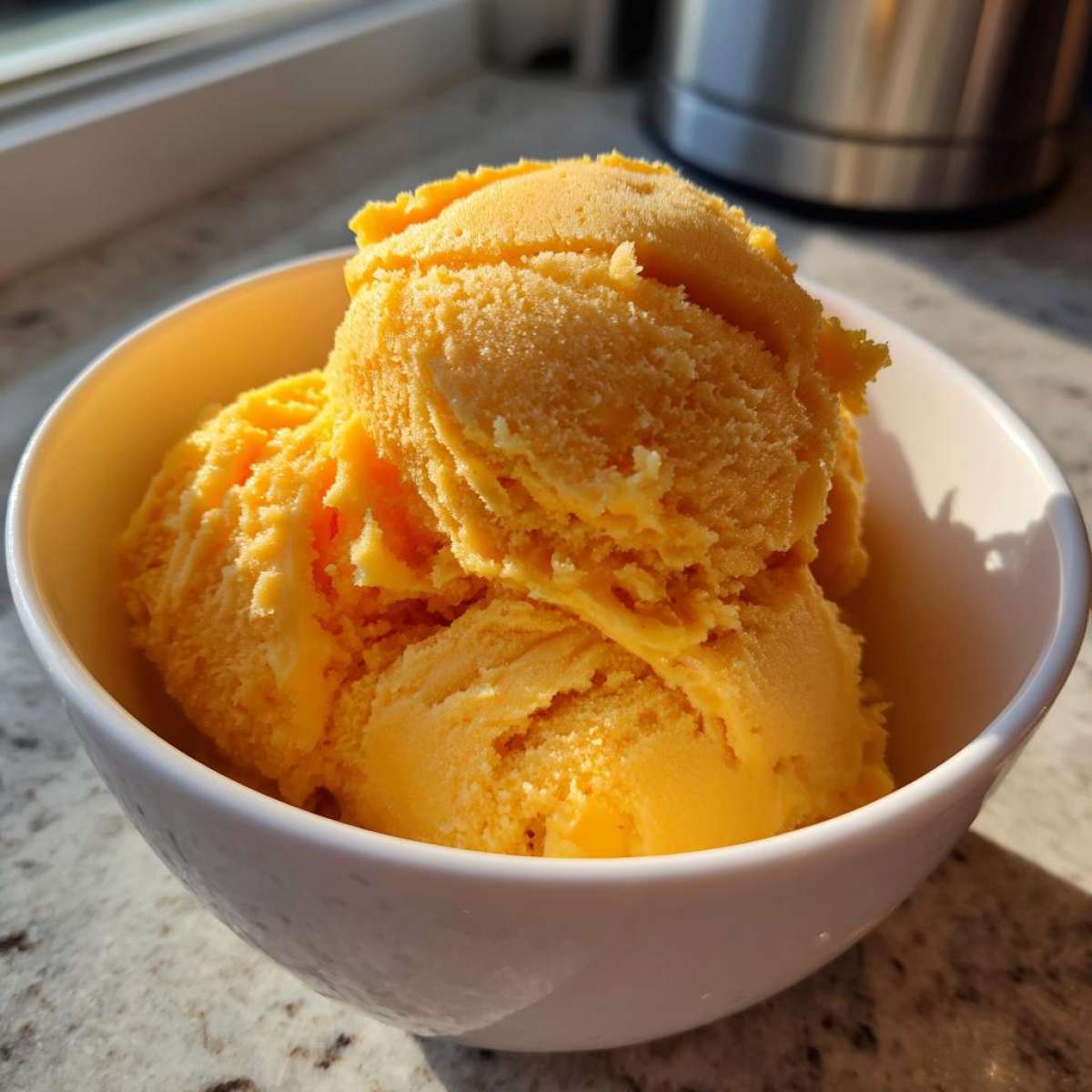 Three scoops of bright orange Vegan Mango Pineapple Sorbet served in a small white bowl.