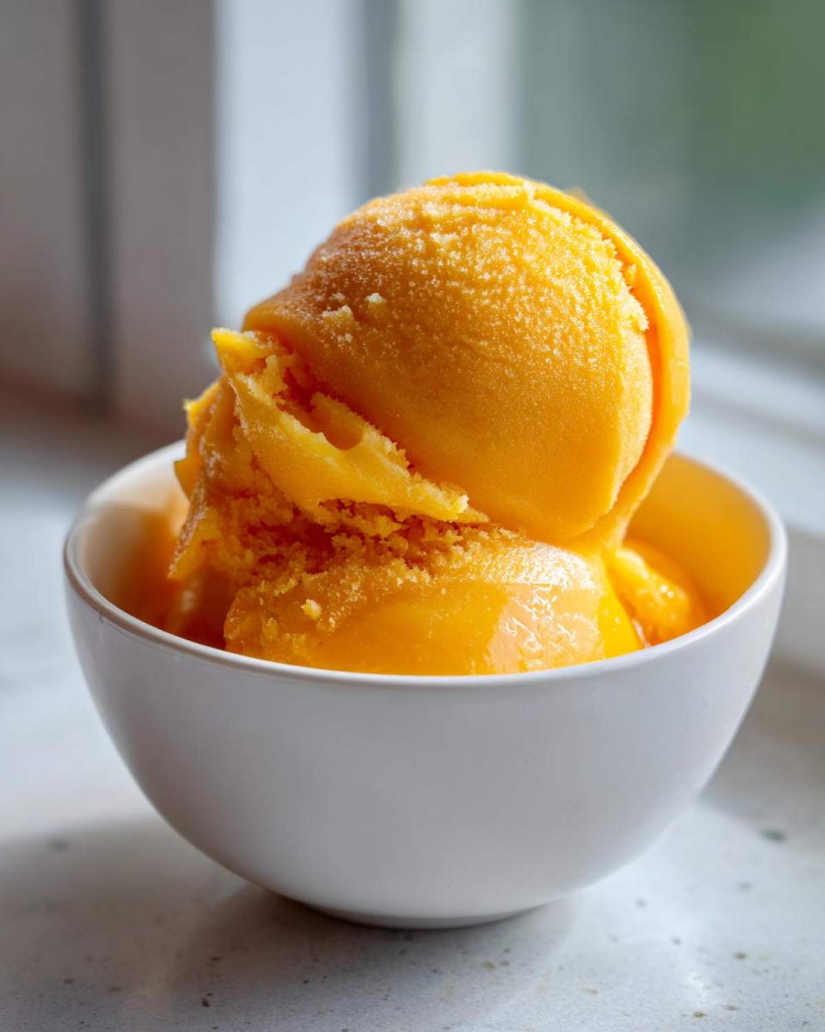 Two scoops of bright orange Vegan Mango Pineapple Sorbet served in a small white bowl.