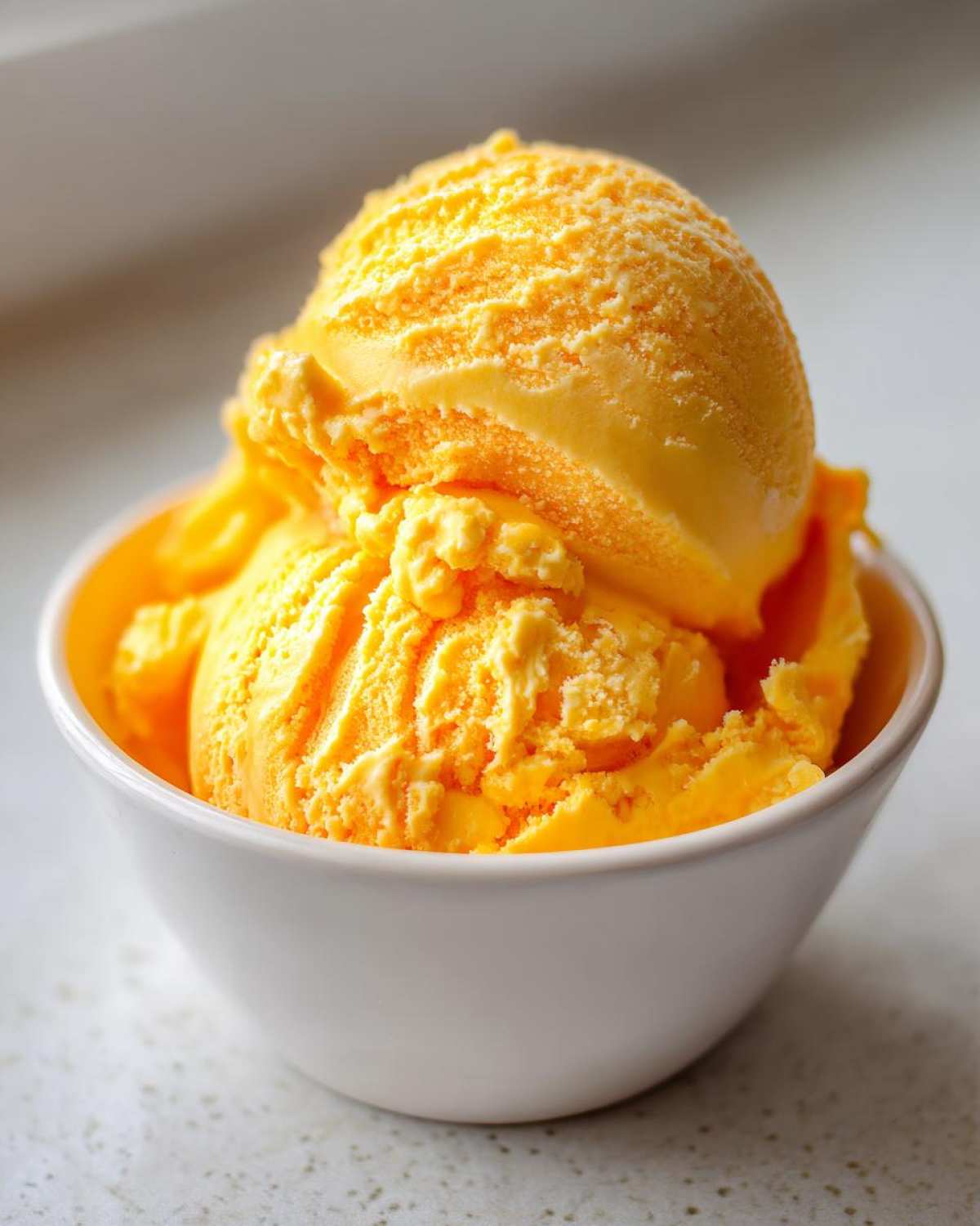 Two scoops of bright orange Vegan Mango Pineapple Sorbet served in a small white bowl.