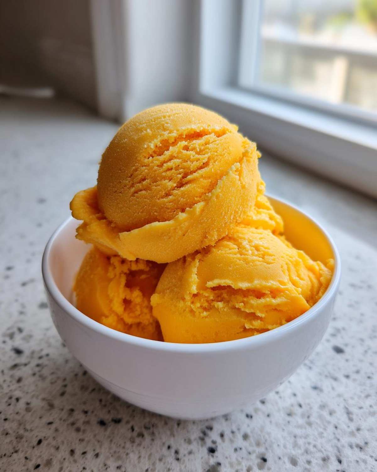 Three scoops of bright orange Vegan Mango Pineapple Sorbet served in a small white bowl.