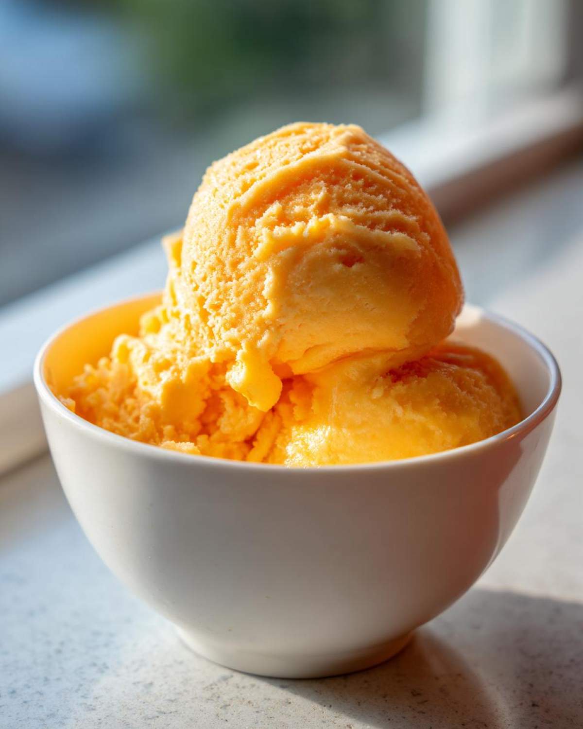 Two bright orange scoops of Vegan Mango Pineapple Sorbet served in a small white bowl.