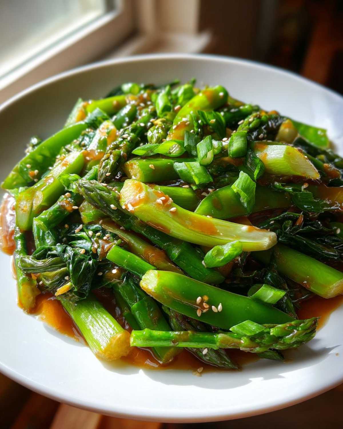 Close-up of a bright green Vegan Spring Vegetable Stir Fry with Ginger, featuring asparagus and snap peas in a savory sauce, topped with sesame seeds.