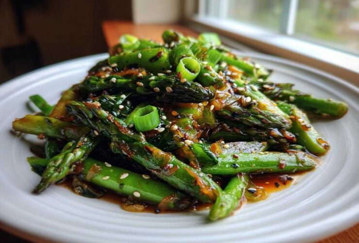 Close-up of Vegan Spring Vegetable Stir Fry with Ginger featuring glossy asparagus spears and scallions topped with sesame seeds.